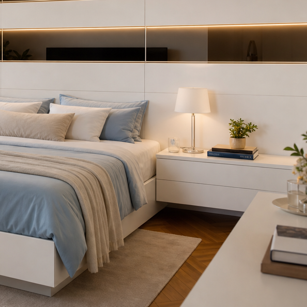 Parete testiera letto con LED Bianco Specchio 5