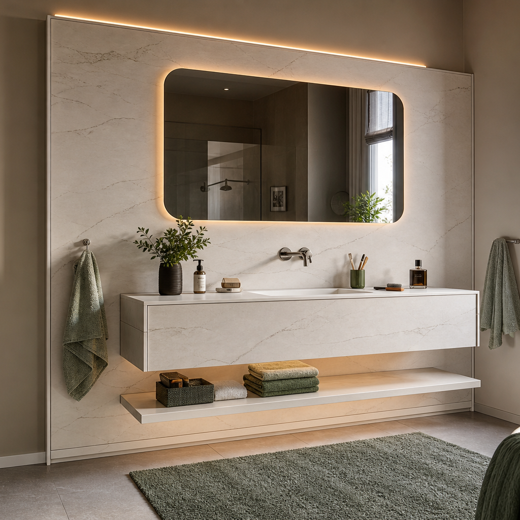 Parete lavabo con specchio LED HPL Chiaro 1