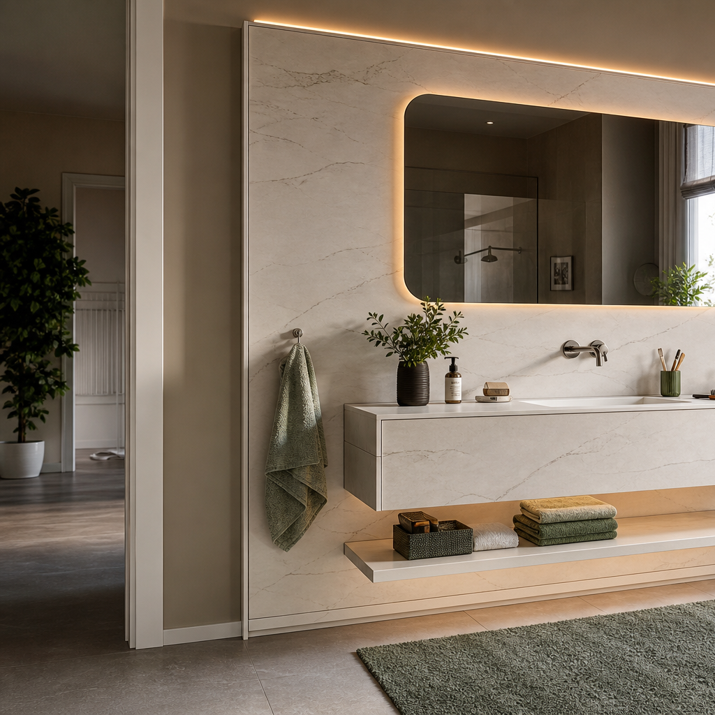 Parete lavabo con specchio LED HPL Chiaro 2