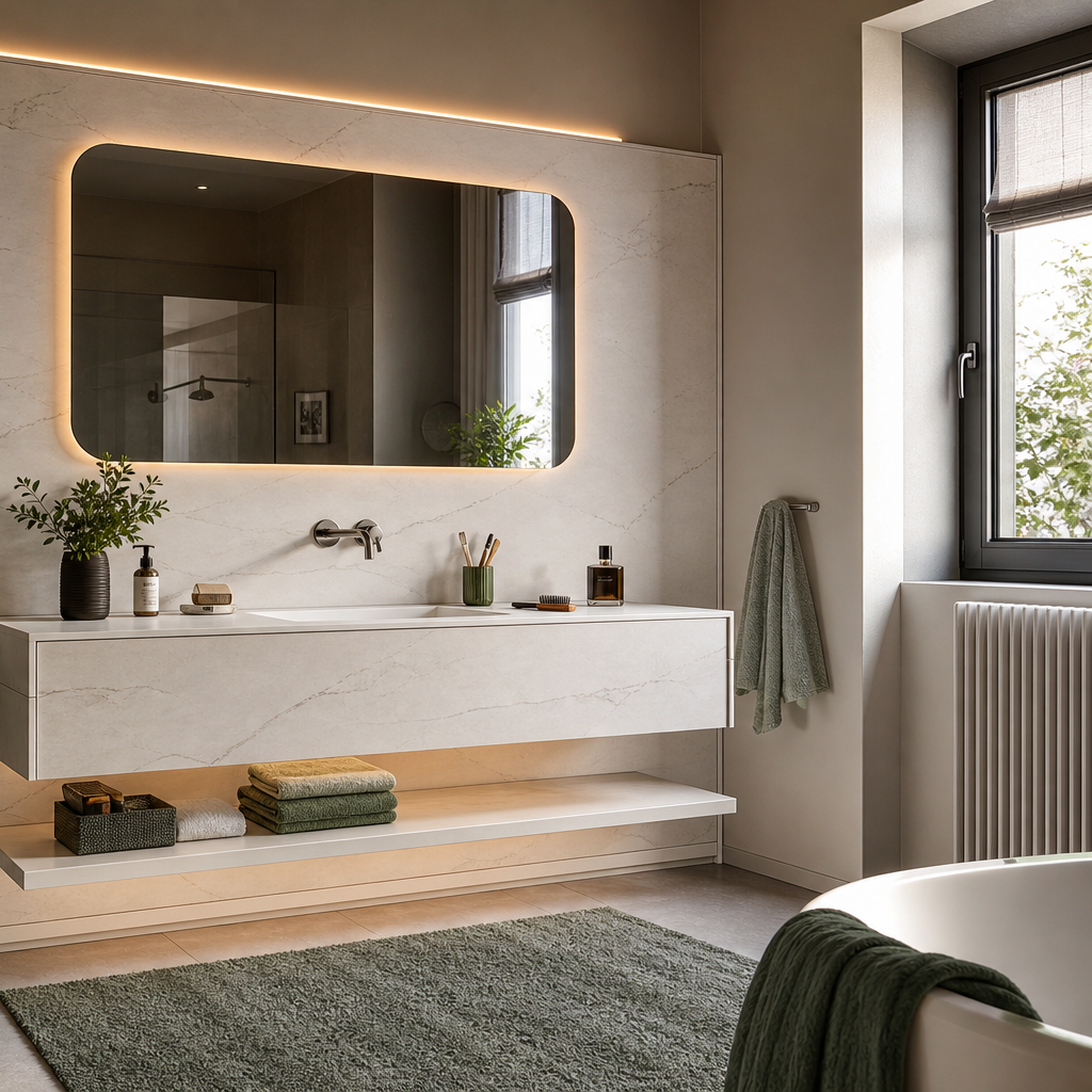 Parete lavabo con specchio LED HPL Chiaro 3