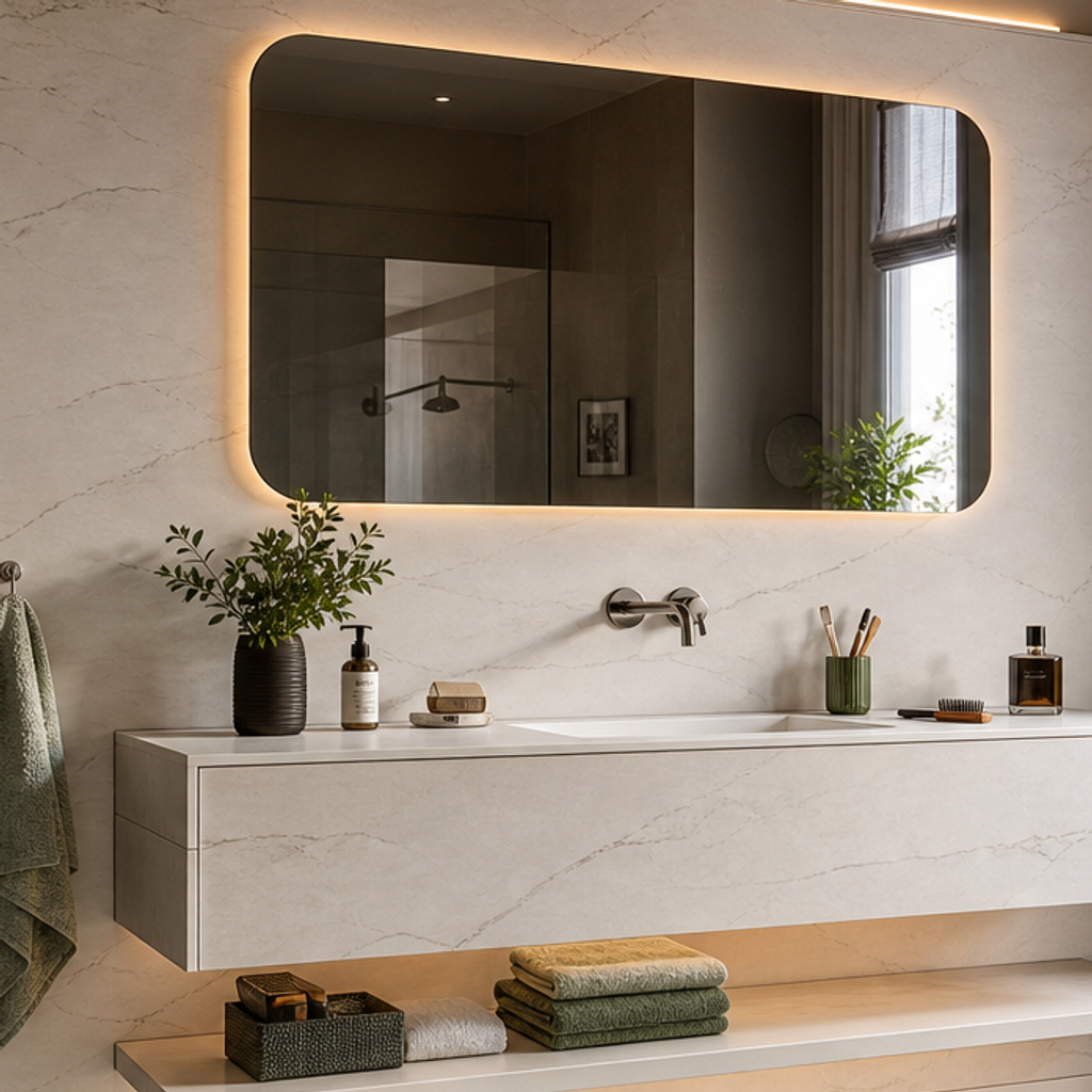 Parete lavabo con specchio LED HPL Chiaro 4