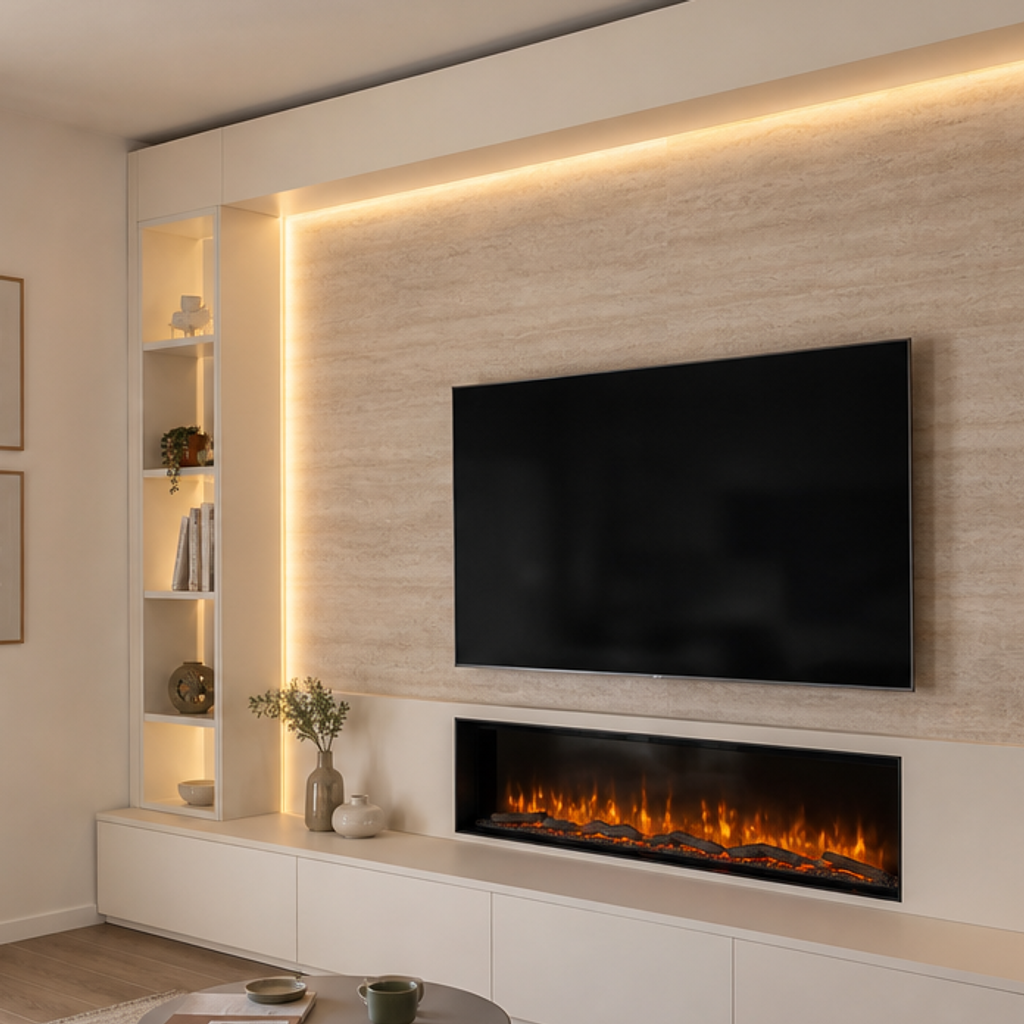 Parete TV con camino elettrico Travertino Chiaro 4