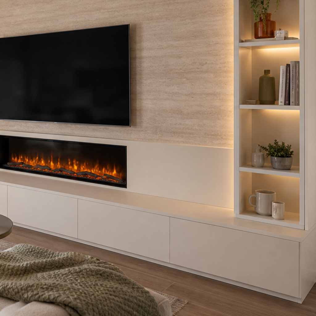 Parete TV con camino elettrico Travertino Chiaro 5