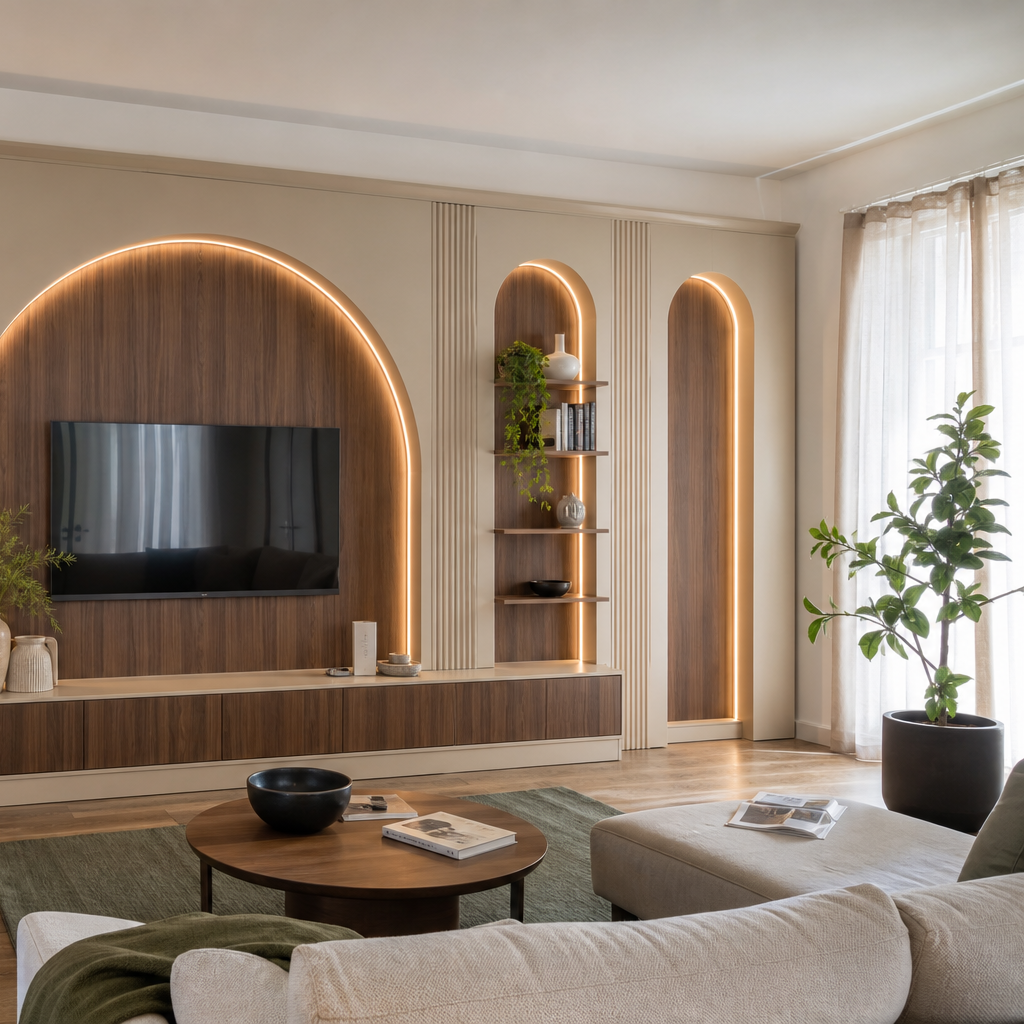 Parete soggiorno con archi moderni Noce Canapa 3