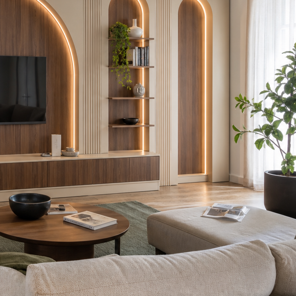 Parete soggiorno con archi moderni Noce Canapa 5
