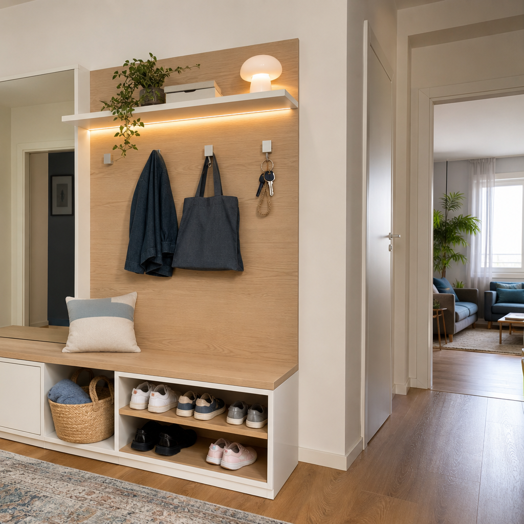 Parete ingresso con panca Bianco Rovere 3
