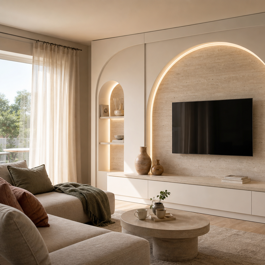 Parete soggiorno con archi moderni Travertino Chiaro 2