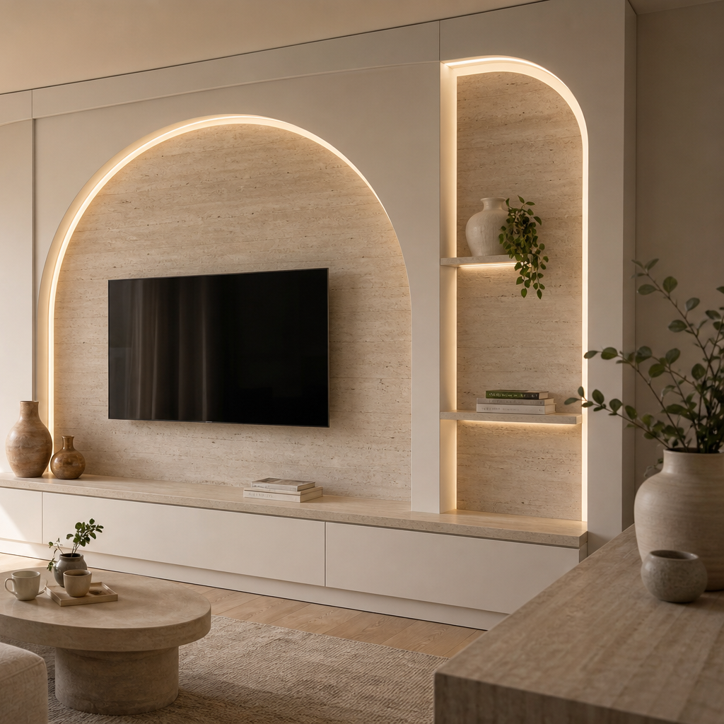 Parete soggiorno con archi moderni Travertino Chiaro 3