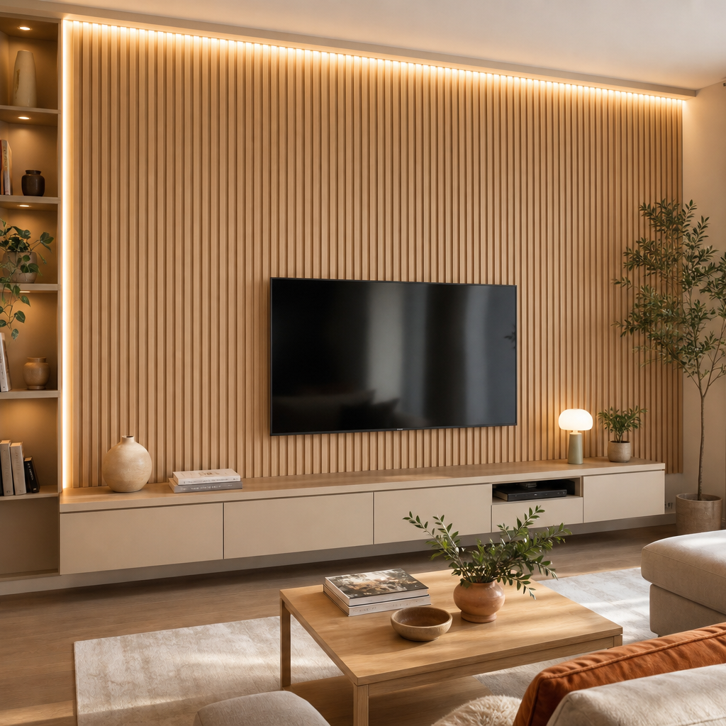 Parete soggiorno con listelli verticali Rovere Sabbia 1