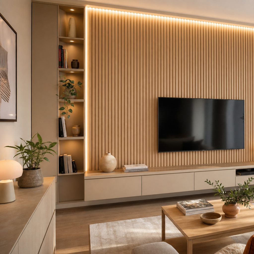 Parete soggiorno con listelli verticali Rovere Sabbia 2