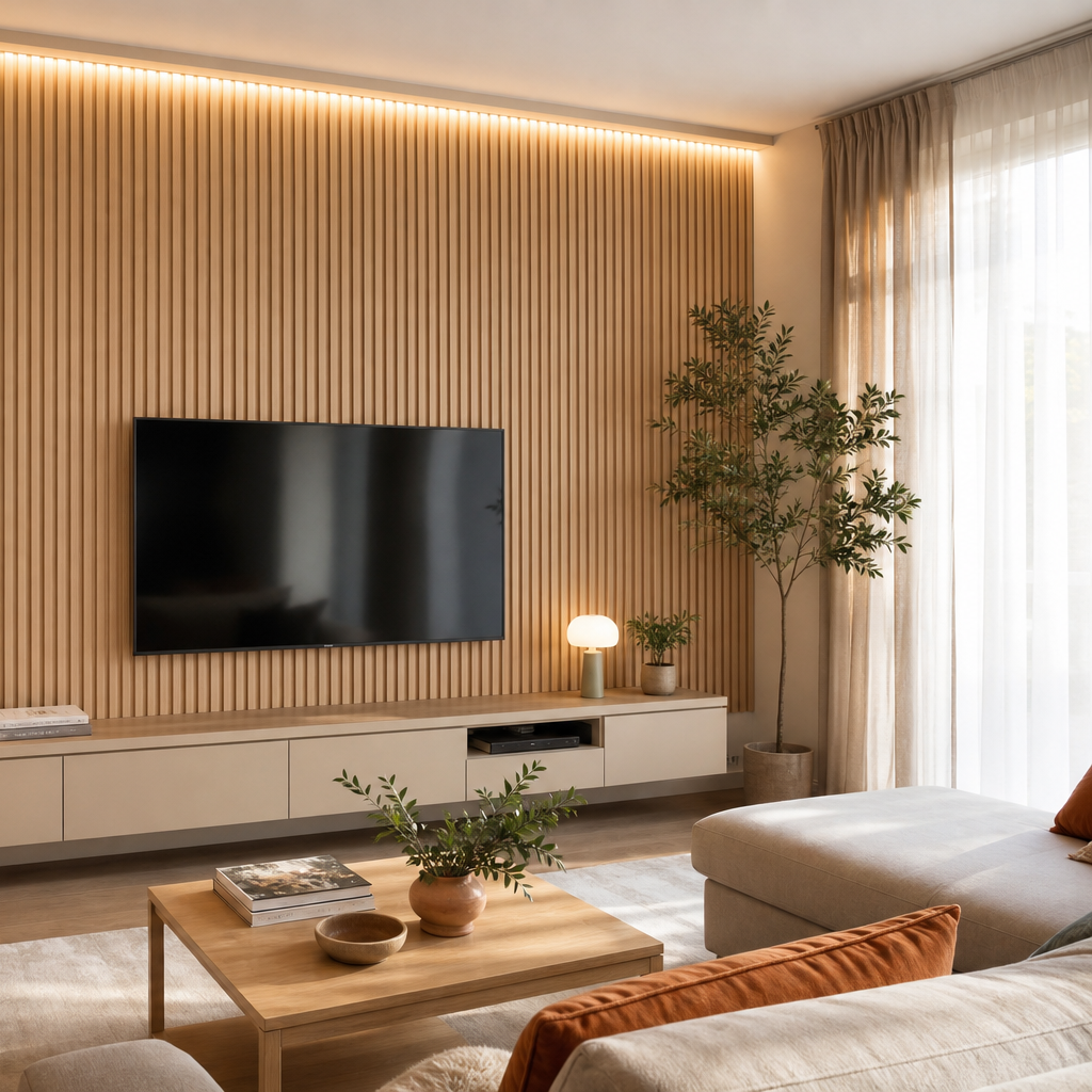 Parete soggiorno con listelli verticali Rovere Sabbia 3