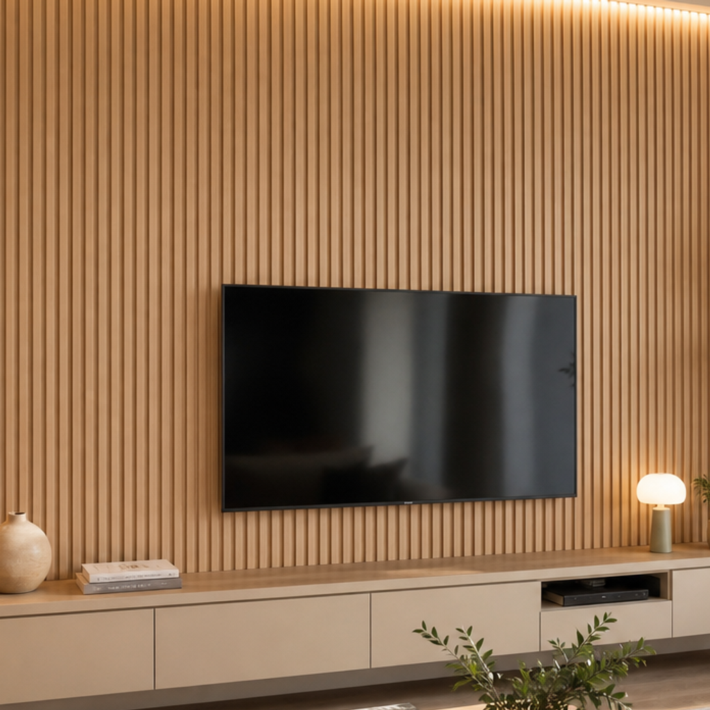 Parete soggiorno con listelli verticali Rovere Sabbia 4