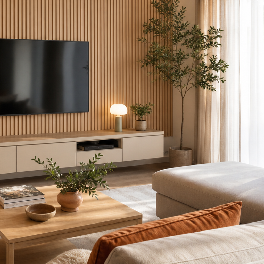 Parete soggiorno con listelli verticali Rovere Sabbia 5