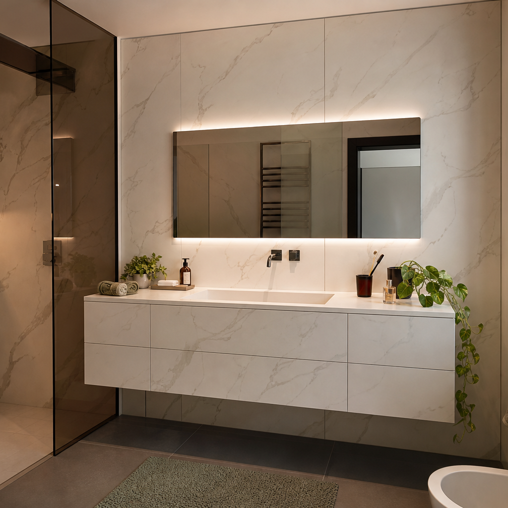 Parete bagno effetto marmo HPL Chiaro 1