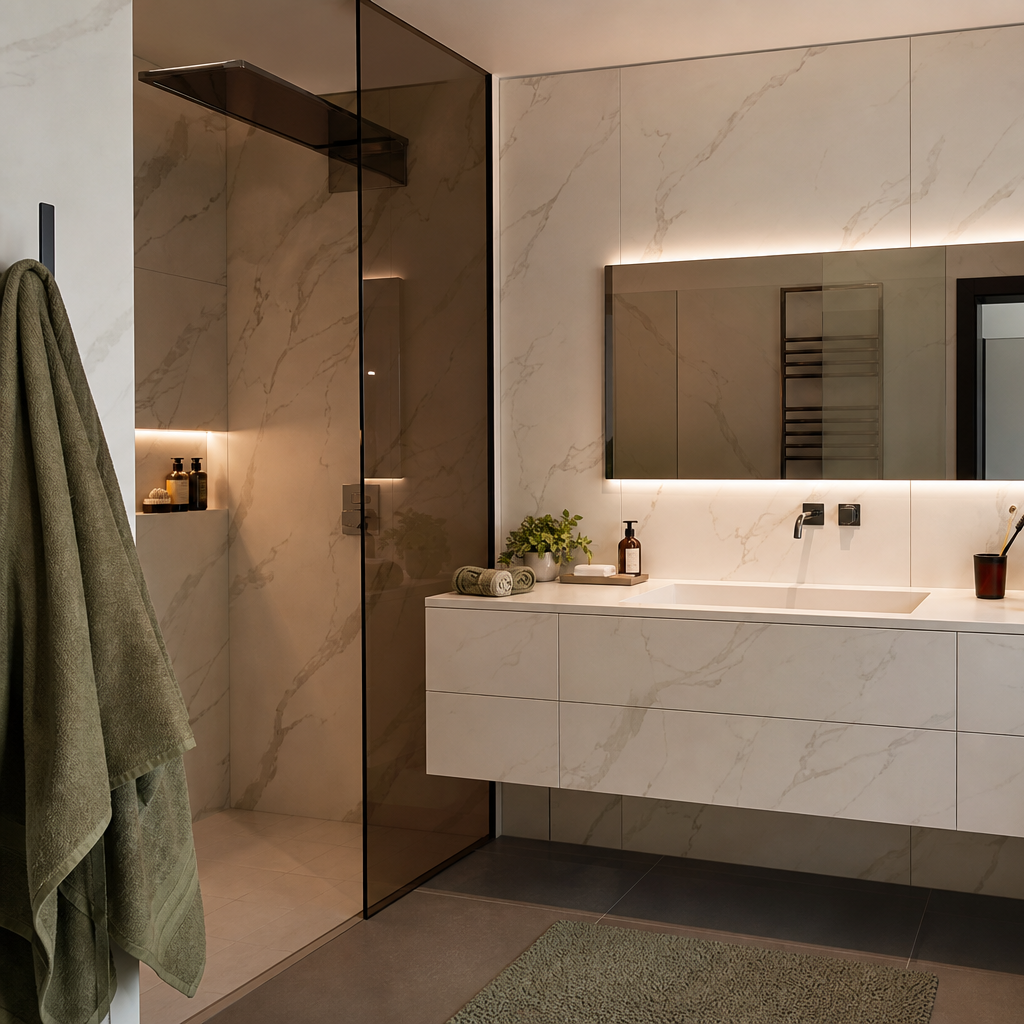 Parete bagno effetto marmo HPL Chiaro 2