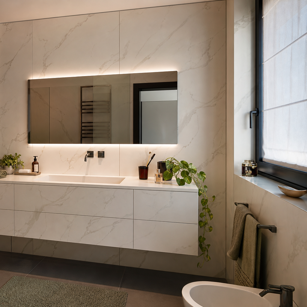 Parete bagno effetto marmo HPL Chiaro 3