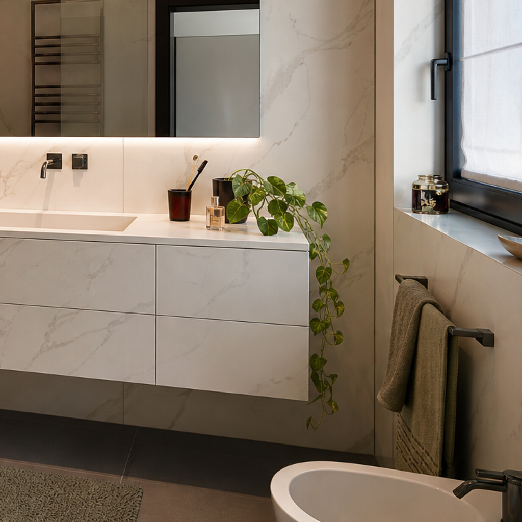 Parete bagno effetto marmo HPL Chiaro 5