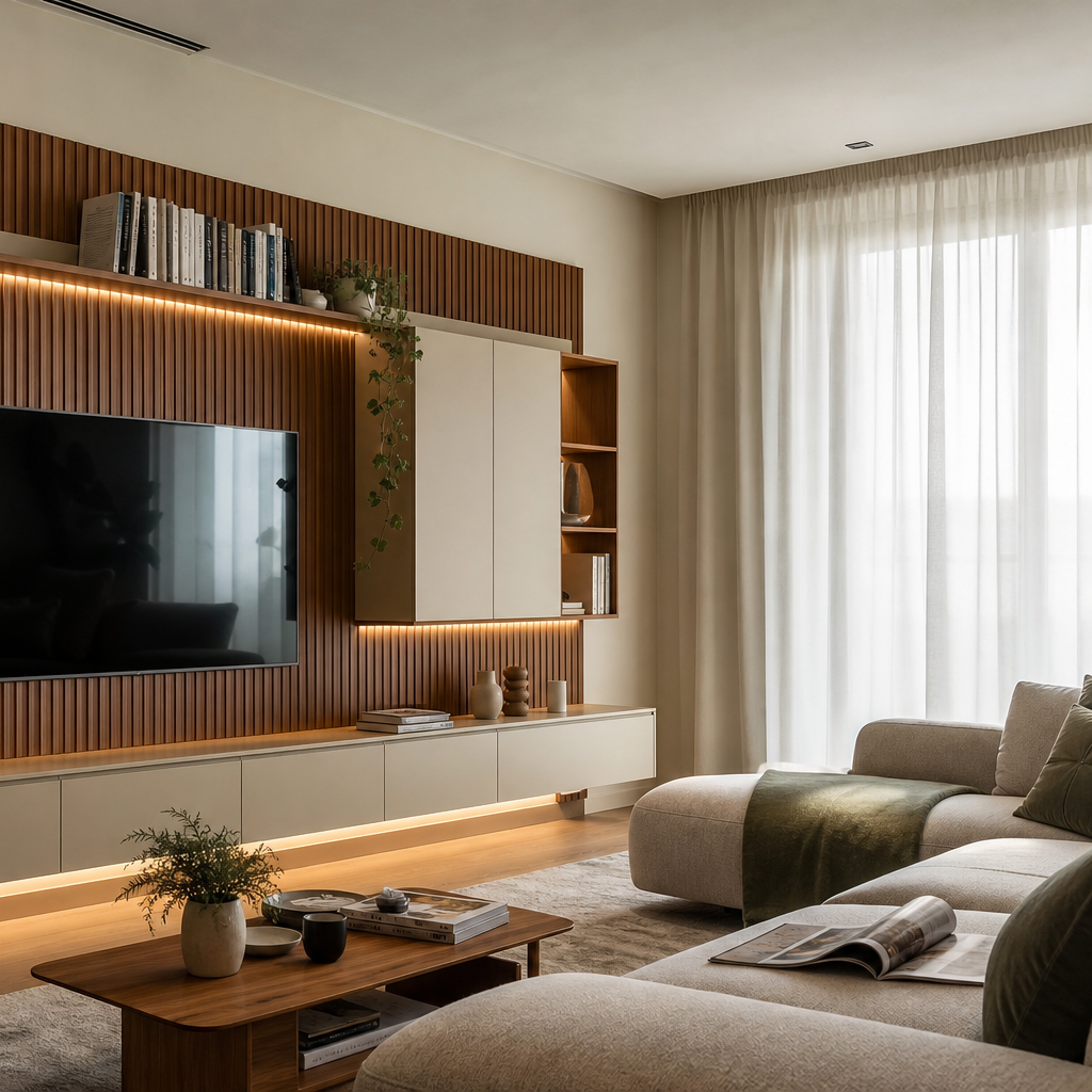 Parete soggiorno con listelli verticali Noce Canapa 3