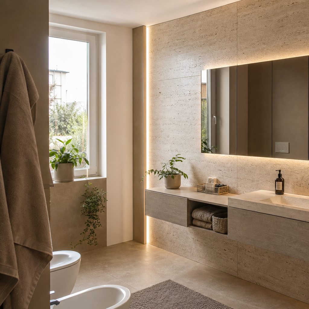 Parete bagno effetto travertino Marmo Specchio 2