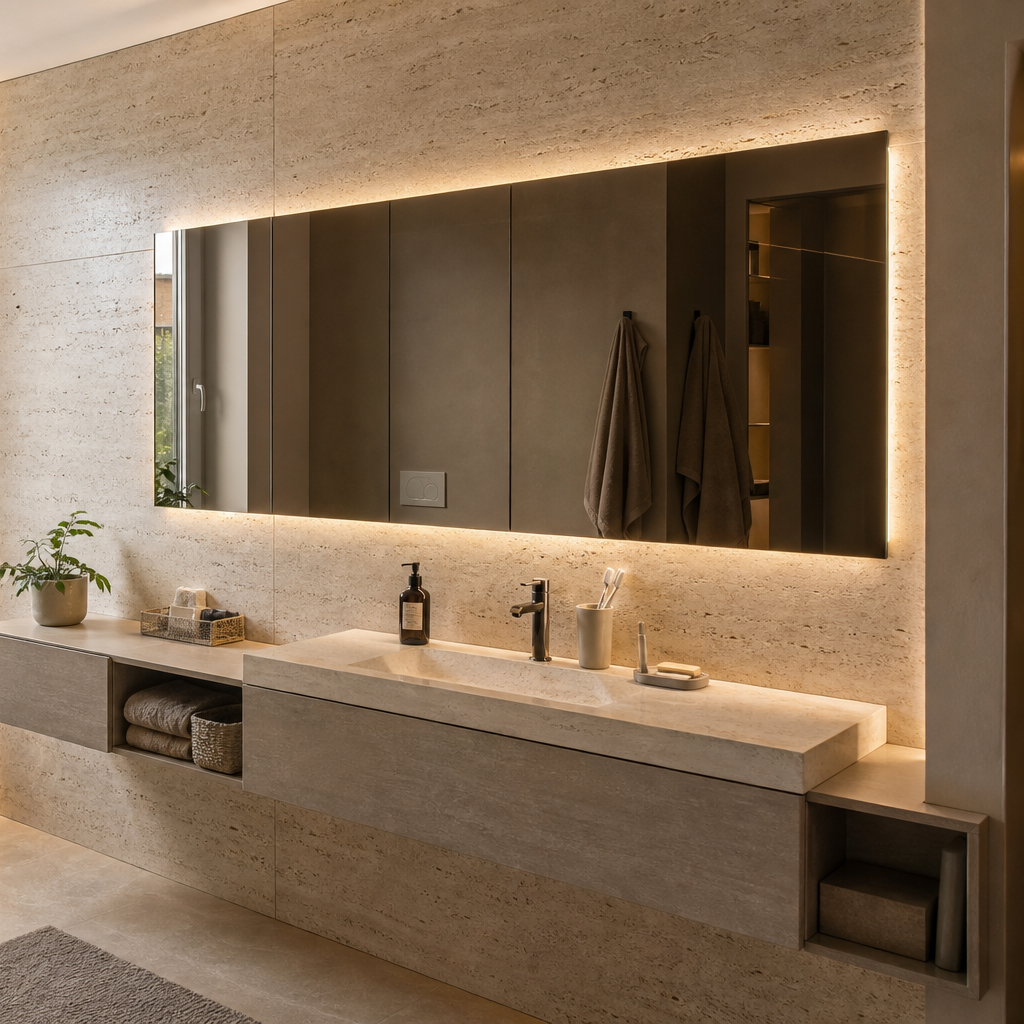 Parete bagno effetto travertino Marmo Specchio 3