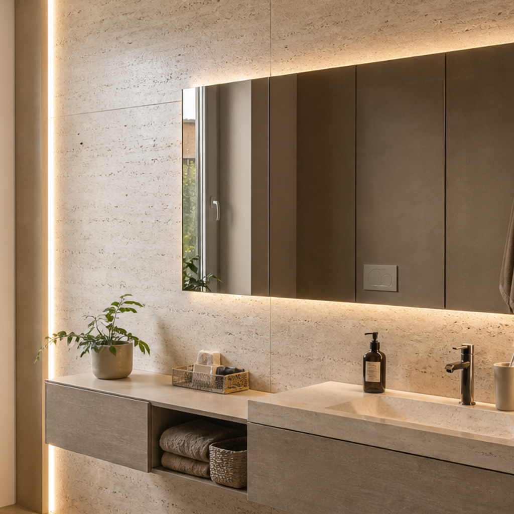 Parete bagno effetto travertino Marmo Specchio 4