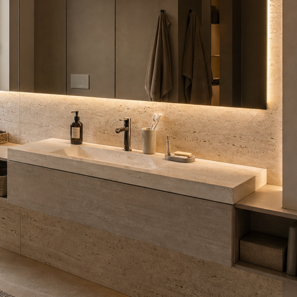 Parete bagno effetto travertino Marmo Specchio 5