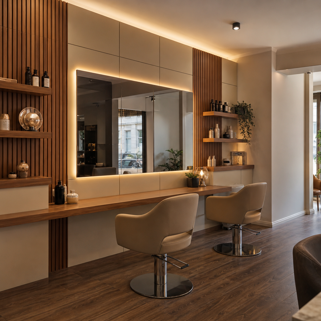 Parete salone bellezza con specchio Noce LED 1