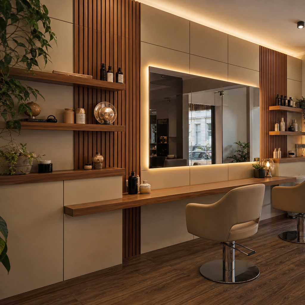 Parete salone bellezza con specchio Noce LED 2