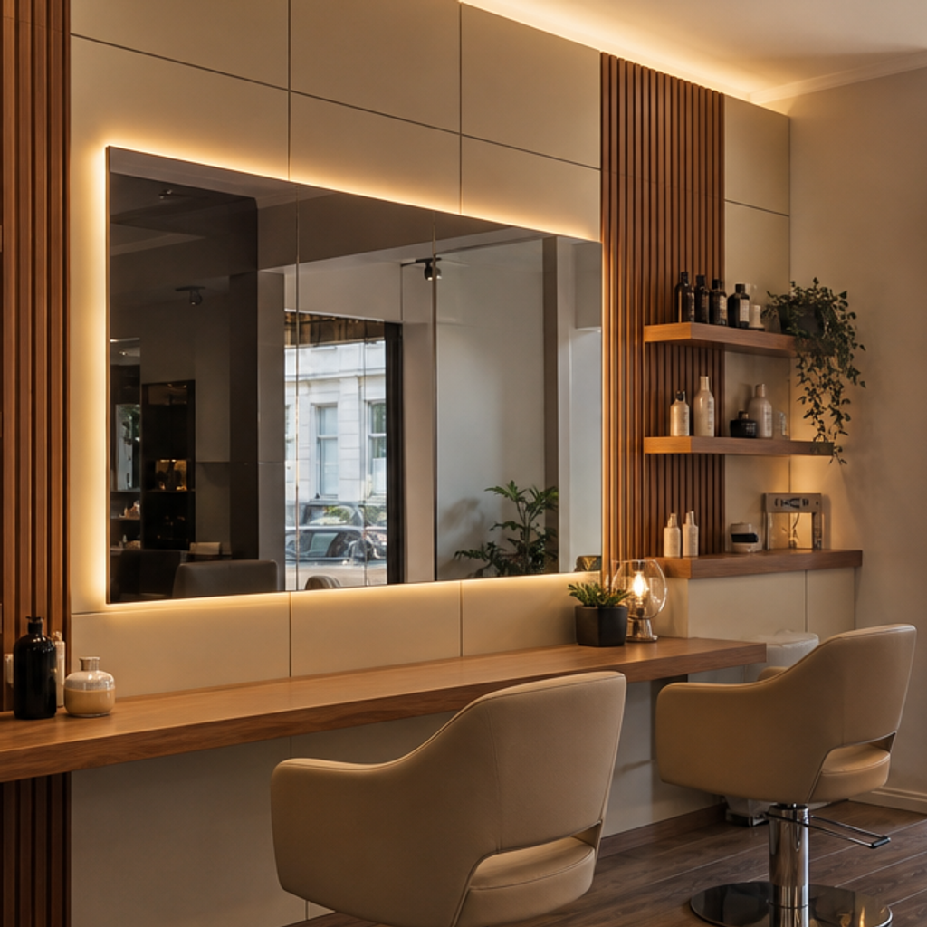 Parete salone bellezza con specchio Noce LED 4