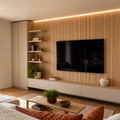 Parete TV con boiserie verticale Rovere Sabbia 1