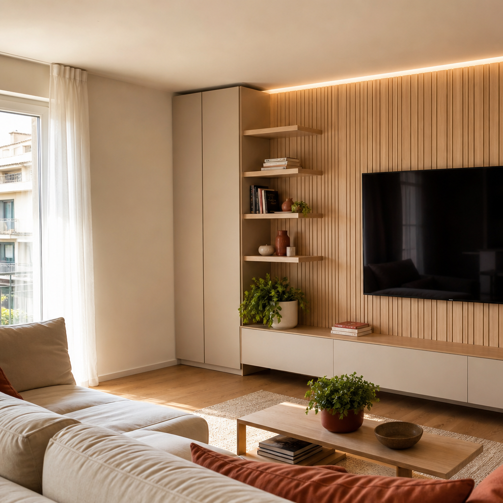 Parete TV con boiserie verticale Rovere Sabbia 2