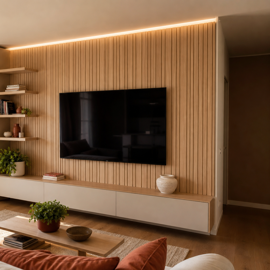 Parete TV con boiserie verticale Rovere Sabbia 3