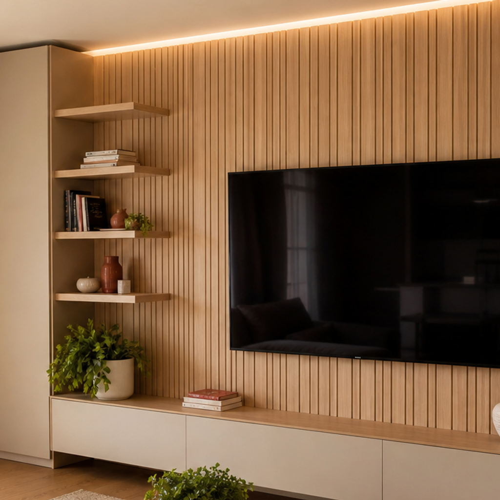 Parete TV con boiserie verticale Rovere Sabbia 4