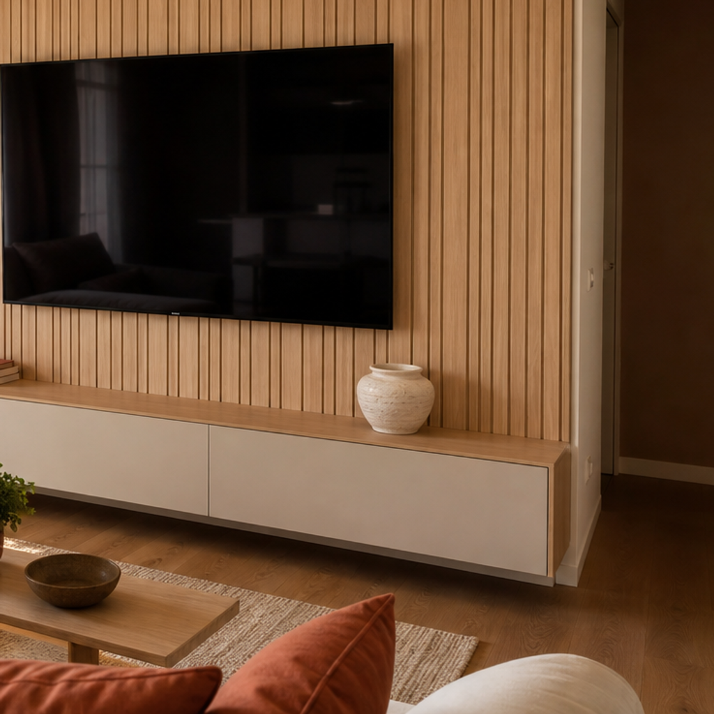 Parete TV con boiserie verticale Rovere Sabbia 5