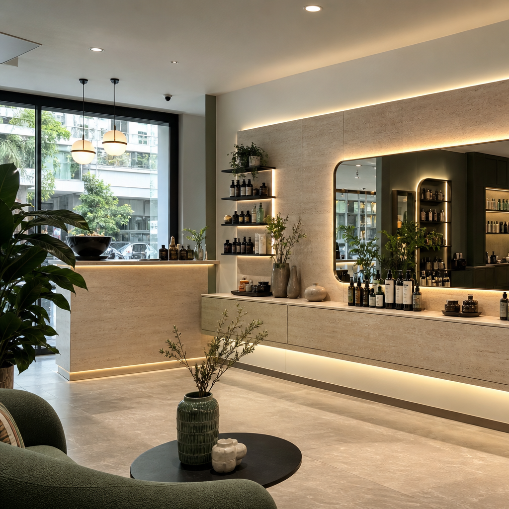 Parete salone bellezza con specchio Travertino HPL 2