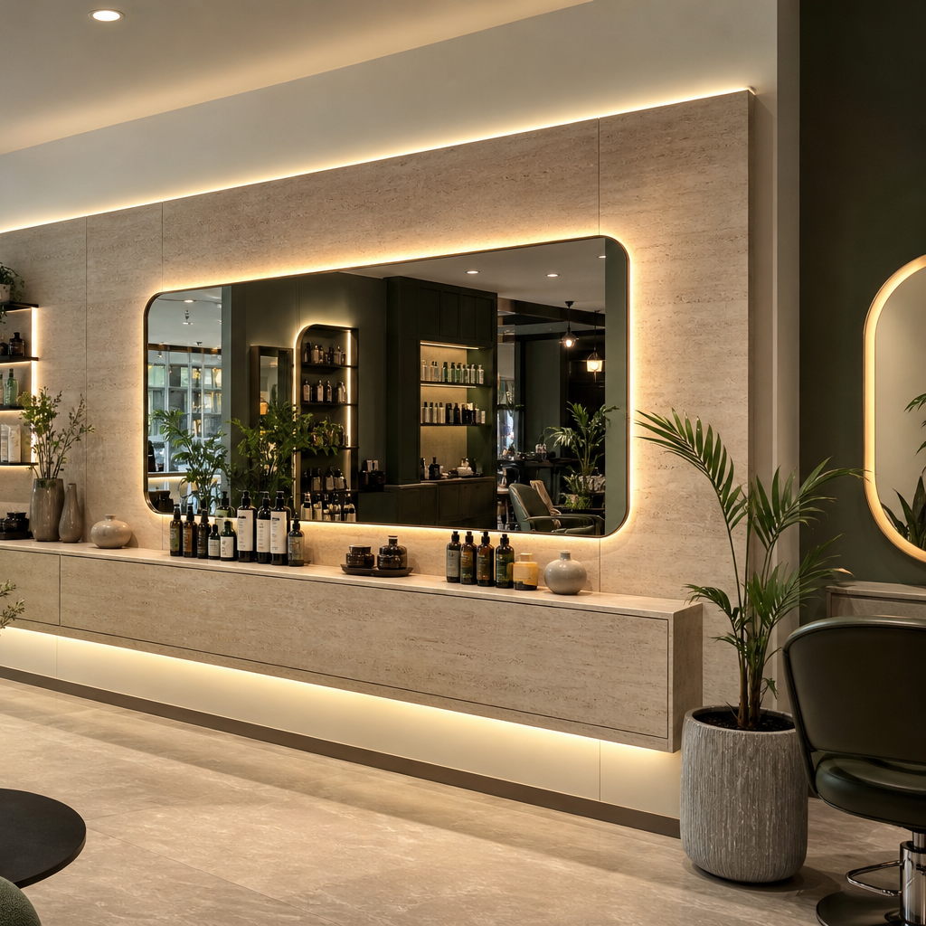 Parete salone bellezza con specchio Travertino HPL 3