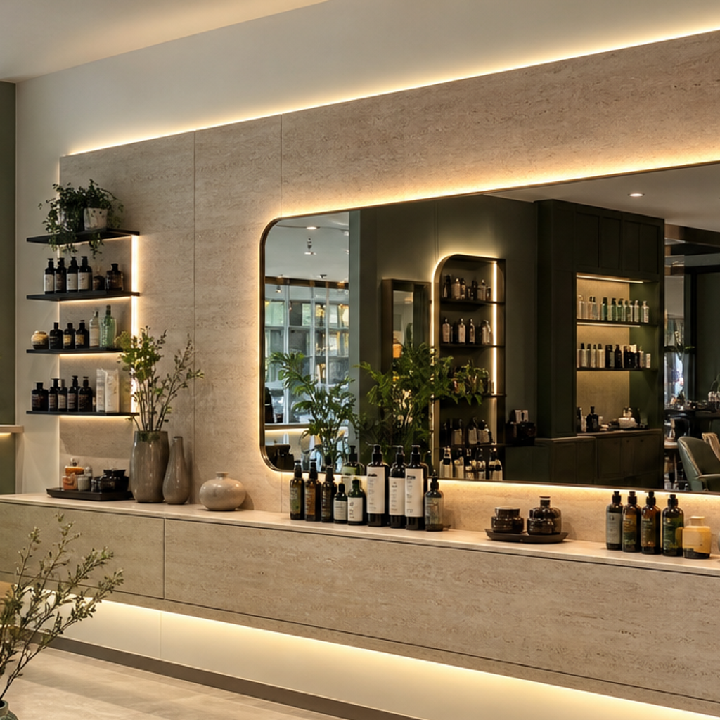Parete salone bellezza con specchio Travertino HPL 4