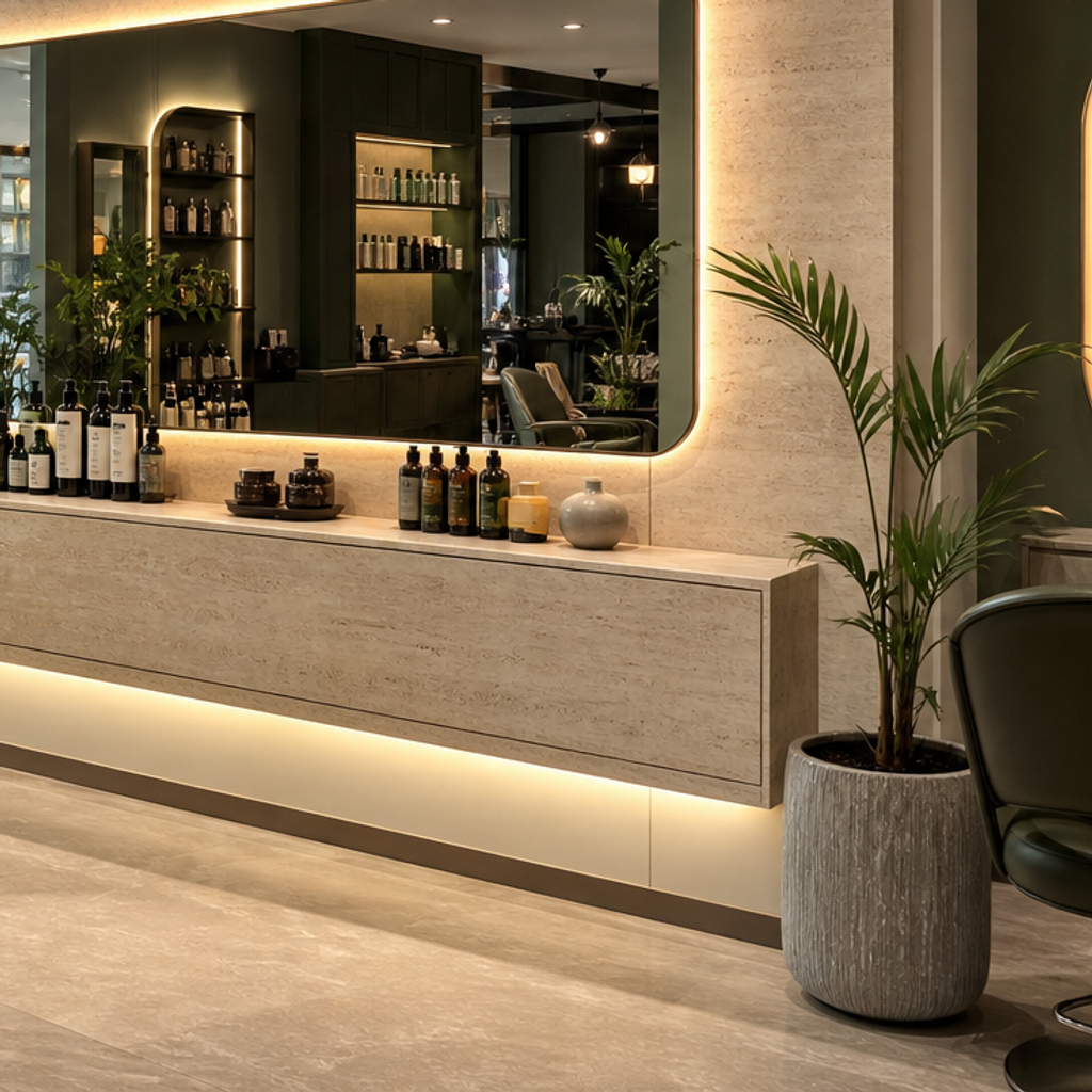 Parete salone bellezza con specchio Travertino HPL 5