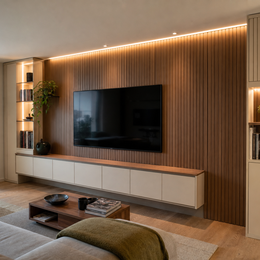 Parete TV con boiserie verticale Noce Canapa 1