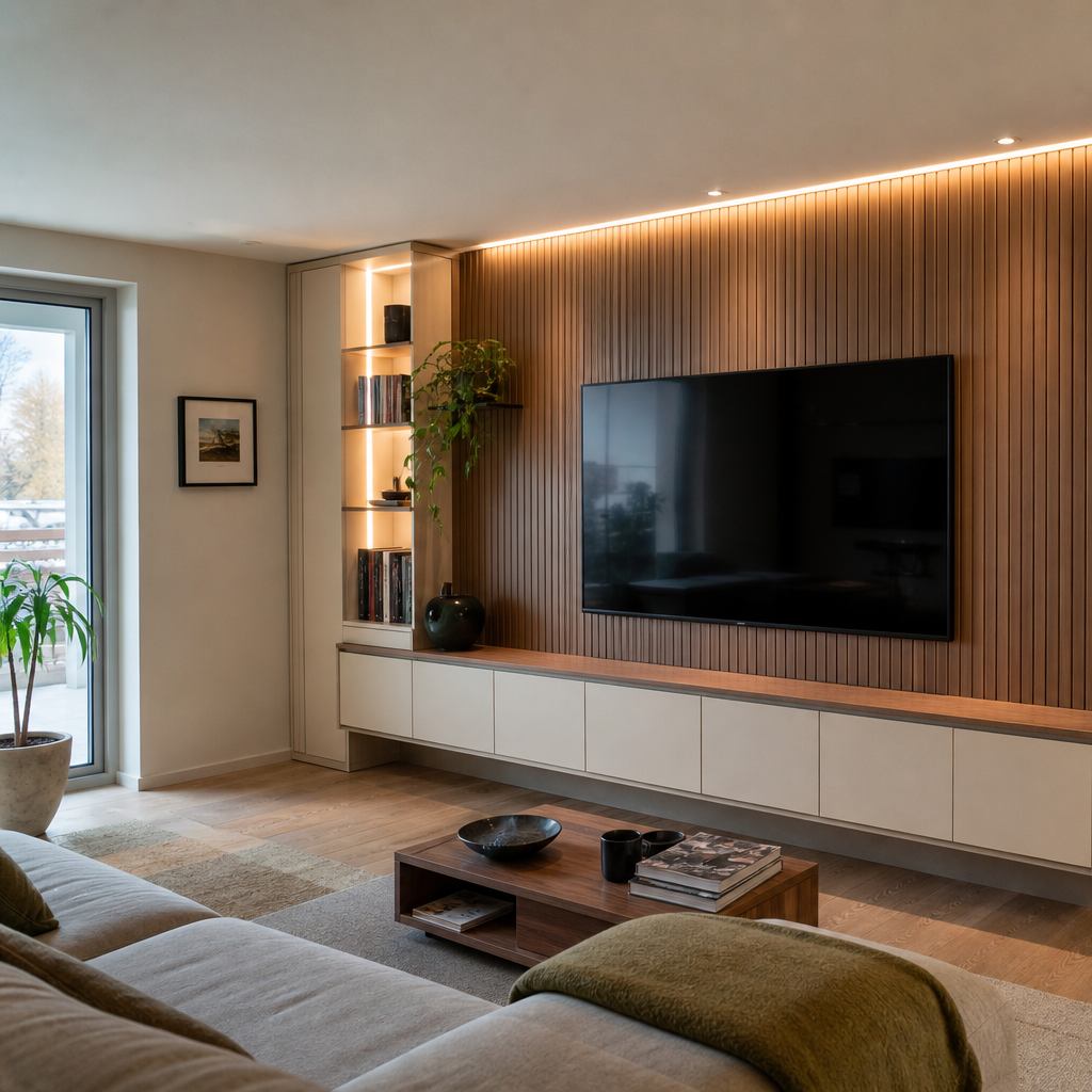 Parete TV con boiserie verticale Noce Canapa 2