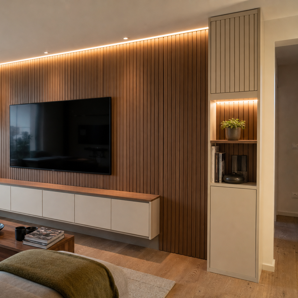 Parete TV con boiserie verticale Noce Canapa 3