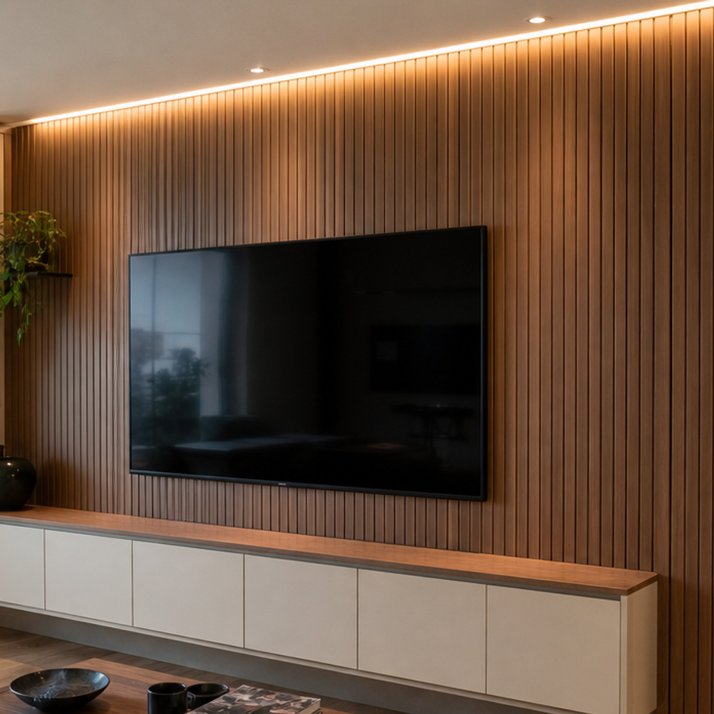 Parete TV con boiserie verticale Noce Canapa 4