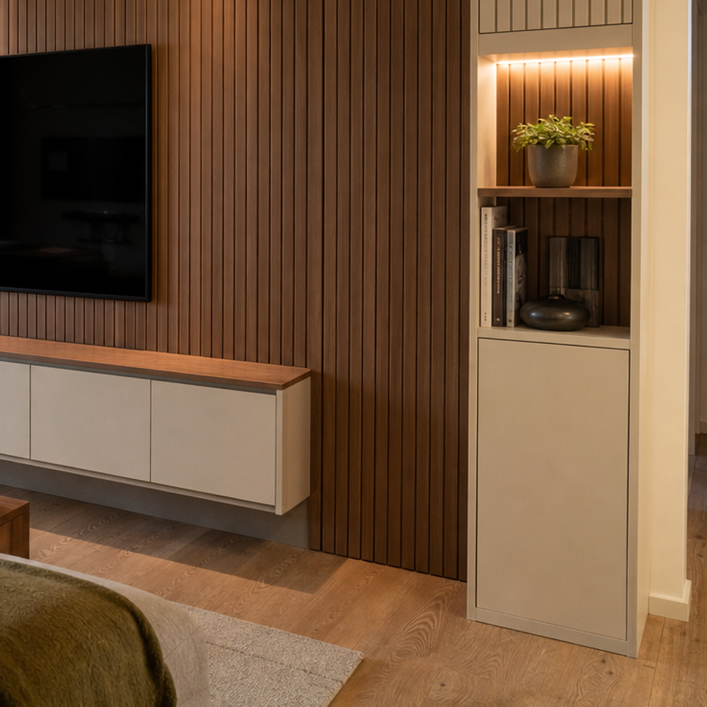 Parete TV con boiserie verticale Noce Canapa 5