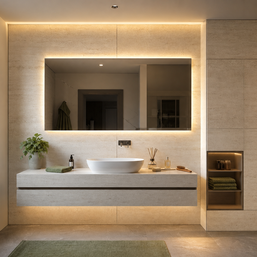 Parete bagno effetto travertino HPL Chiaro 1