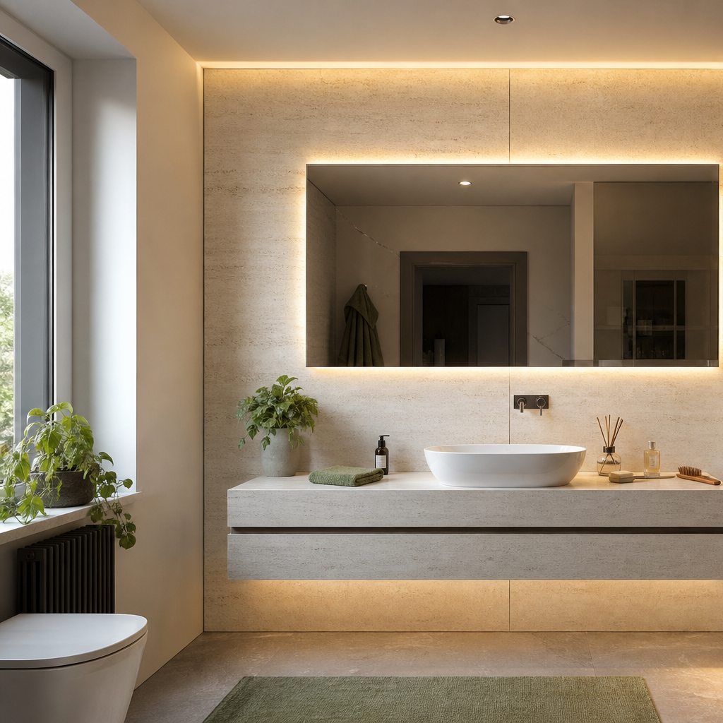 Parete bagno effetto travertino HPL Chiaro 2