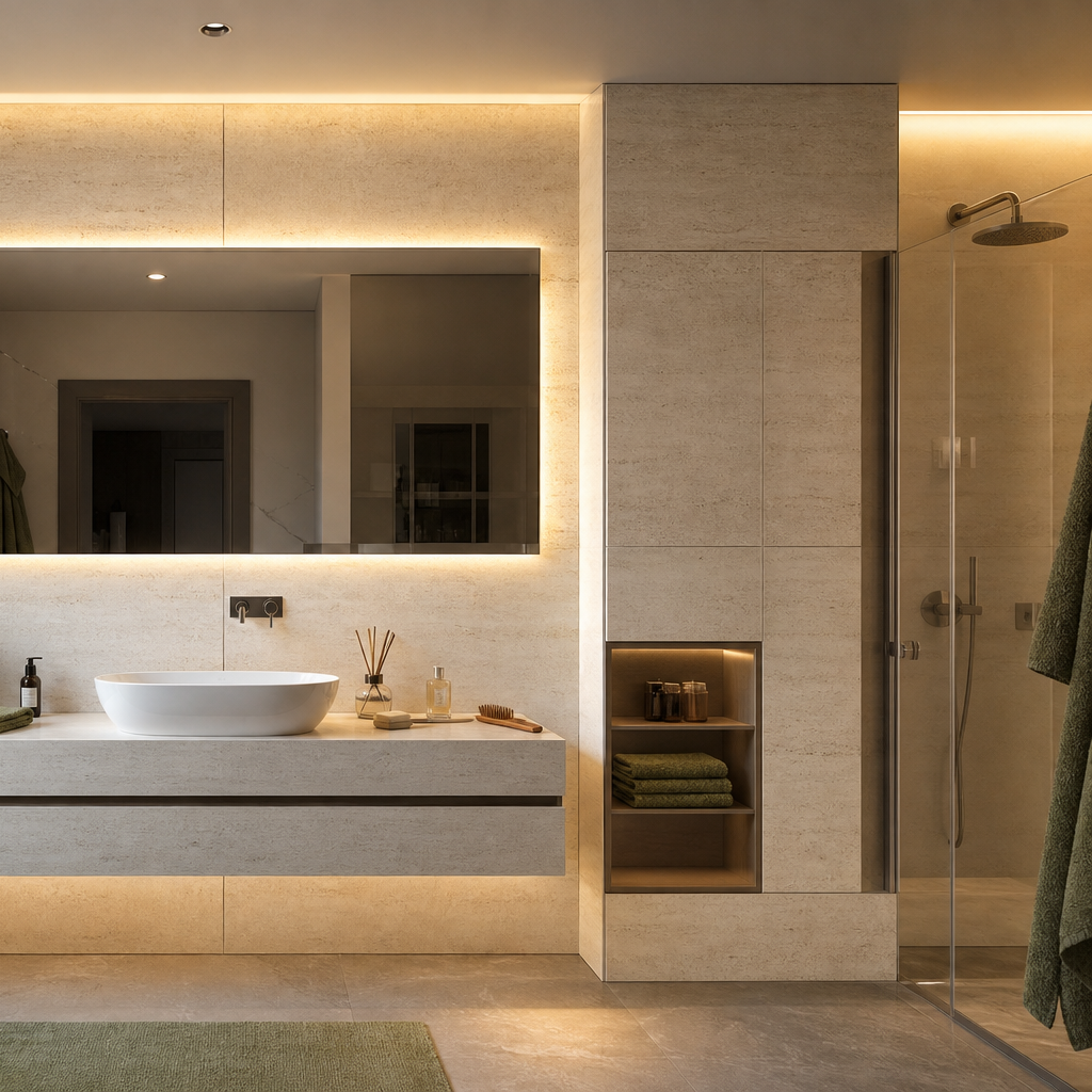 Parete bagno effetto travertino HPL Chiaro 3