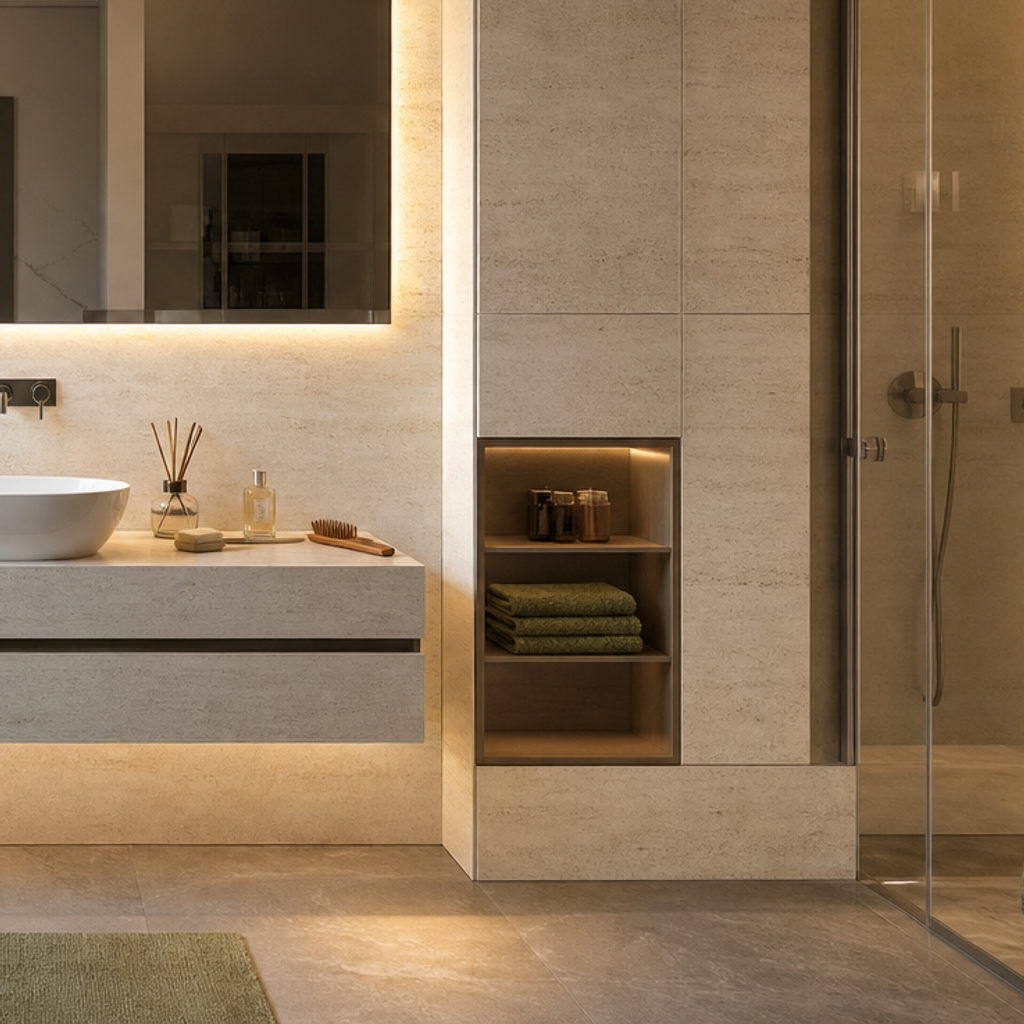 Parete bagno effetto travertino HPL Chiaro 5