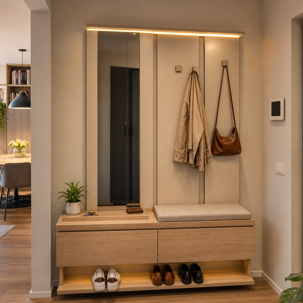 Parete ingresso con scarpiera Rovere Specchio 1