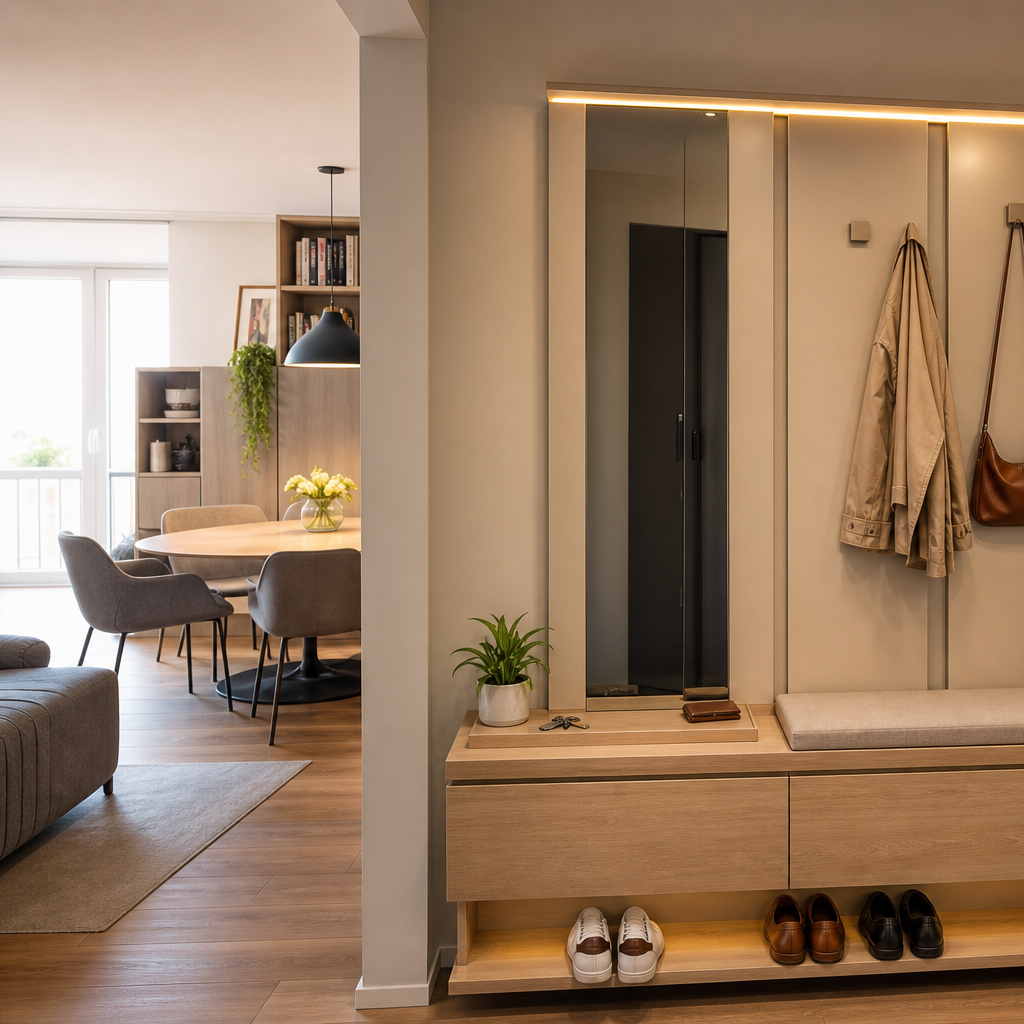 Parete ingresso con scarpiera Rovere Specchio 2