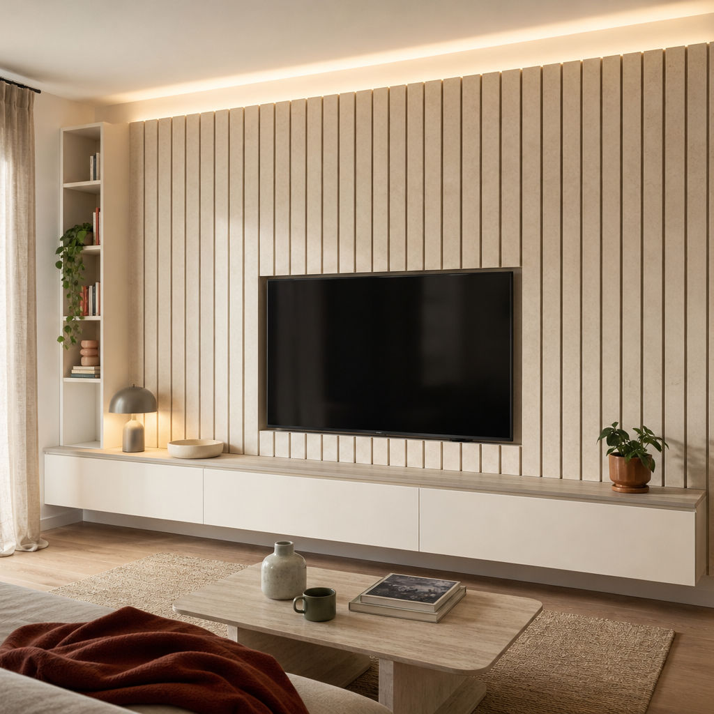 Parete TV con boiserie verticale Travertino Chiaro 1